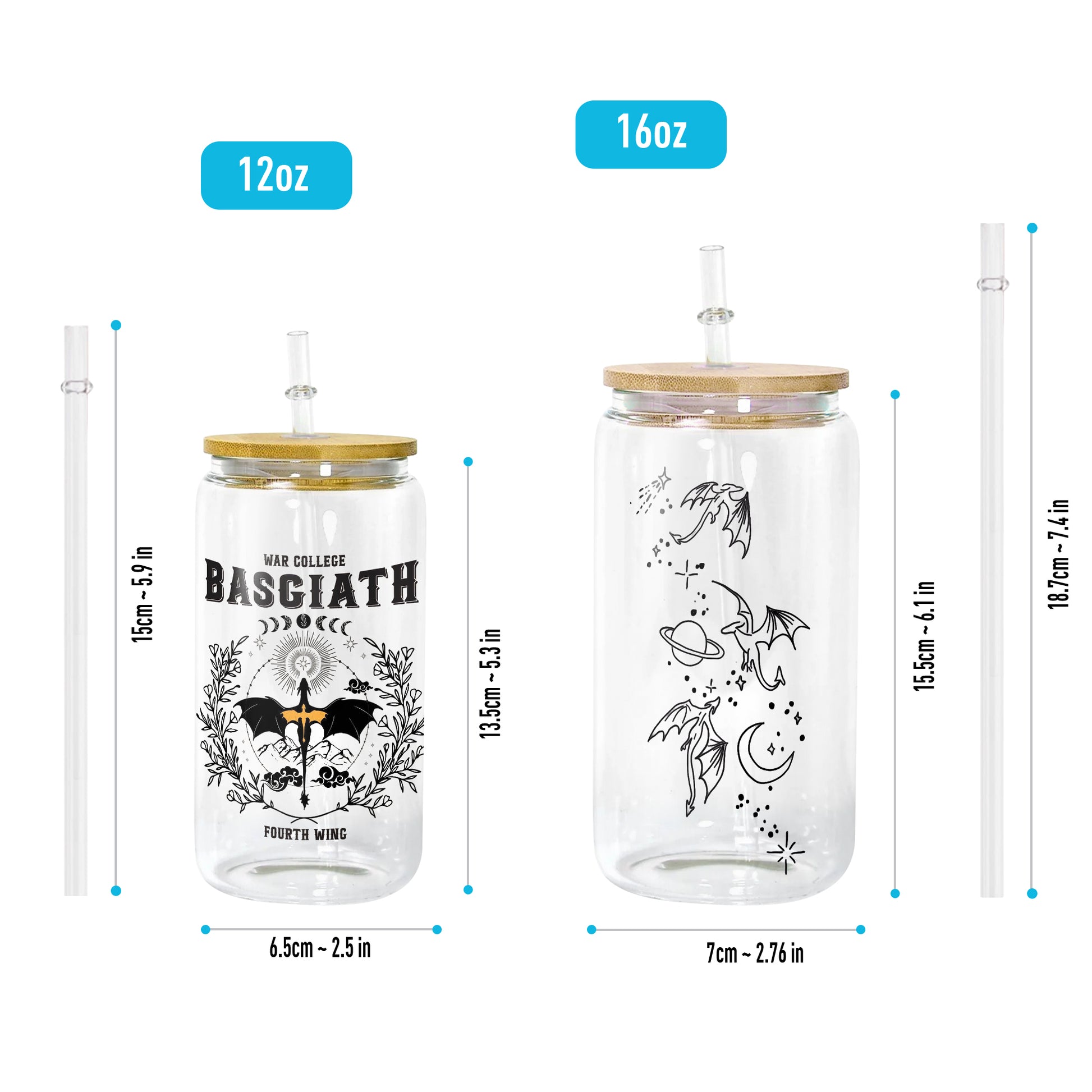 Basgiath War College Glass Can Cup with Straw, Fourth Wing Dragon Tumbler, Empyrean Bookish Fantasy Gift GLVLR44