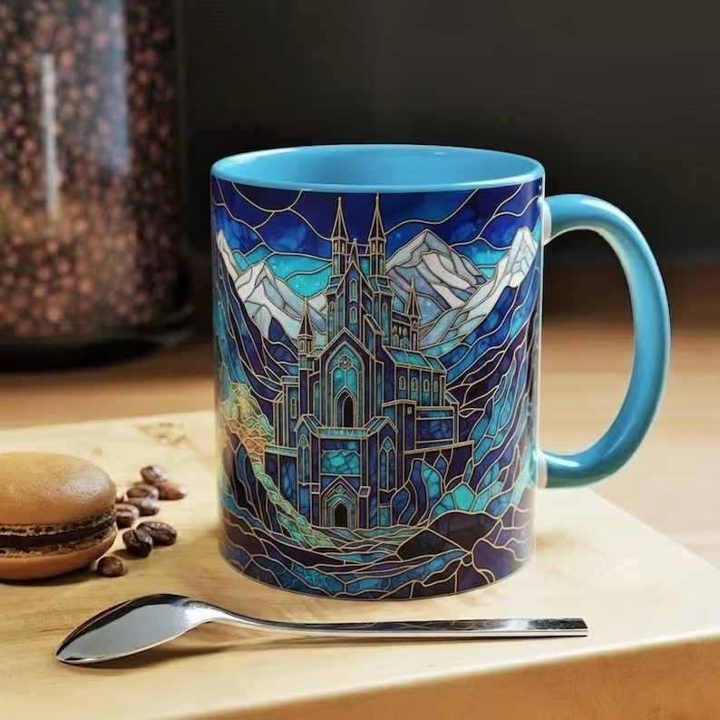 Fantasy Mountain City Coffee Mug, City of Starlight Castle Stained Glass Style Mug, Night Court Inspired Art Cup, Bookish Celestial Tea Mug