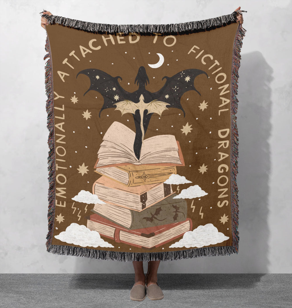 Emotionally Attached to Fictional Dragons Woven Blanket, Fourth Wing Inspired with Raging Dragon, Magical Creature Home Decor BKVLR08