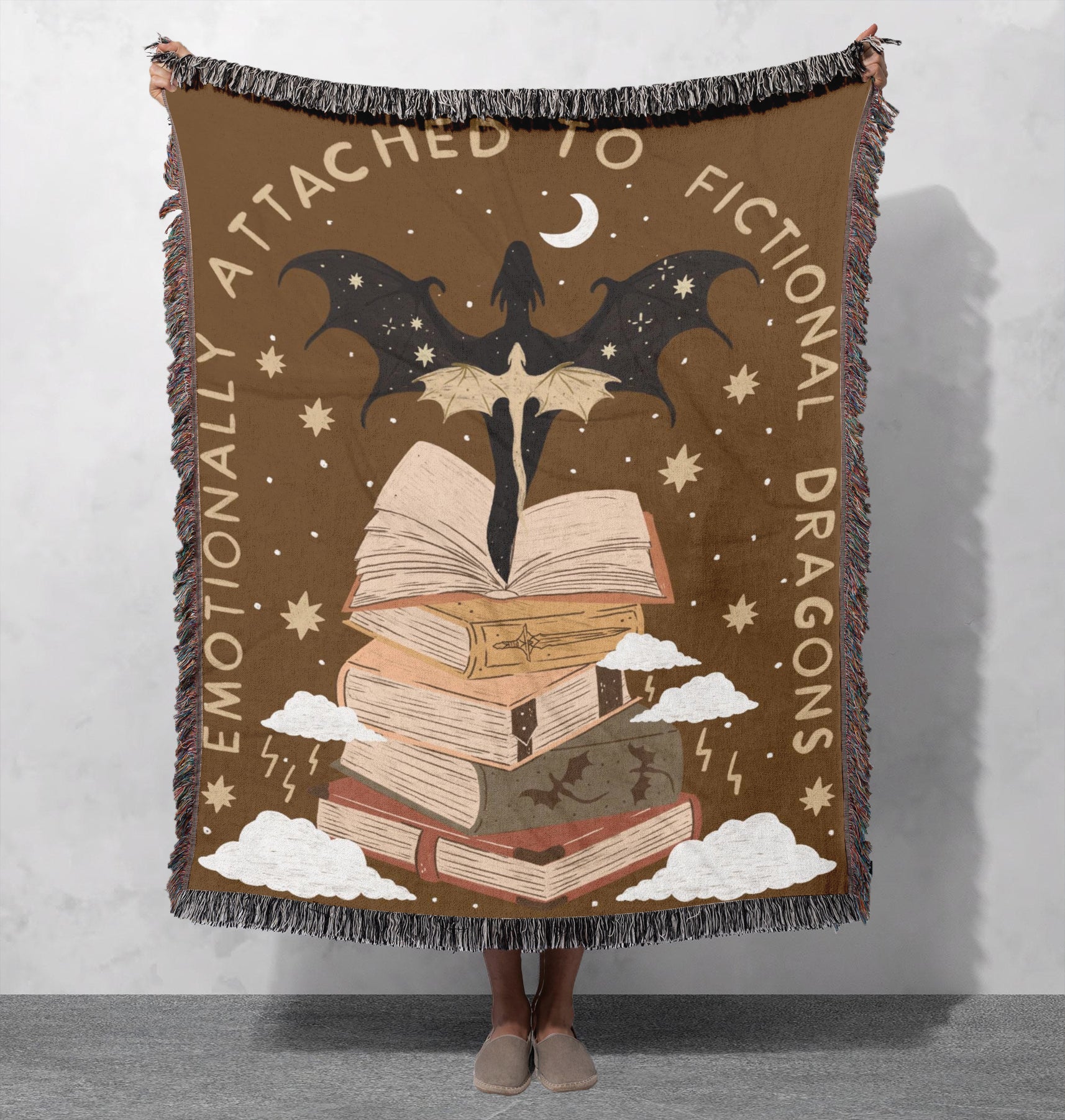 Emotionally Attached to Fictional Dragons Woven Blanket, Fourth Wing Inspired with Raging Dragon, Magical Creature Home Decor BKVLR08
