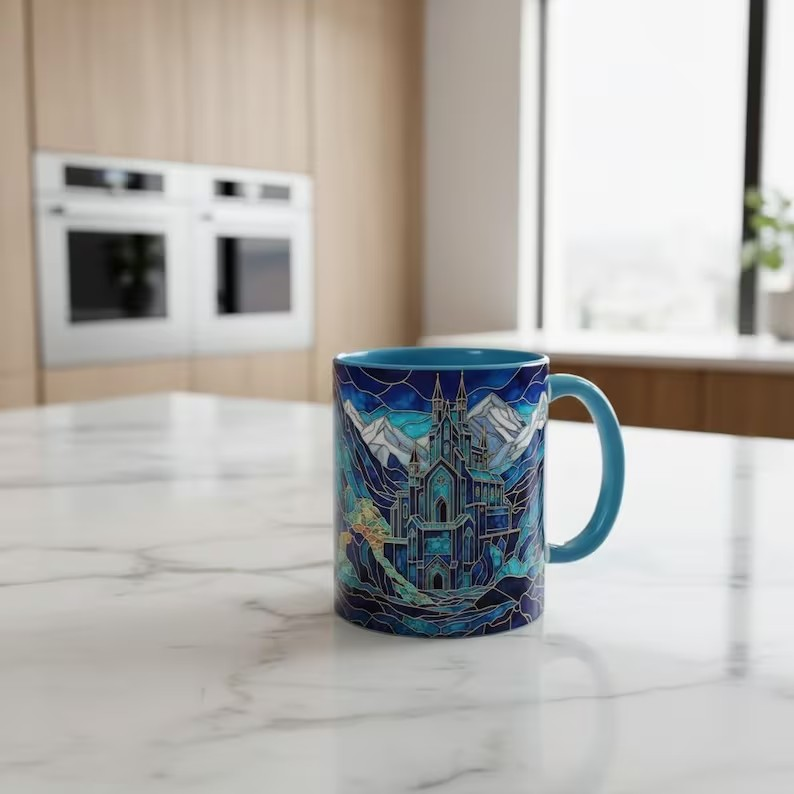 Fantasy Mountain City Coffee Mug, City of Starlight Castle Stained Glass Style Mug, Night Court Inspired Art Cup, Bookish Celestial Tea Mug