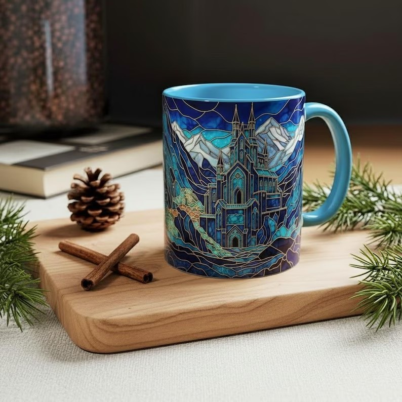 Fantasy Mountain City Coffee Mug, City of Starlight Castle Stained Glass Style Mug, Night Court Inspired Art Cup, Bookish Celestial Tea Mug