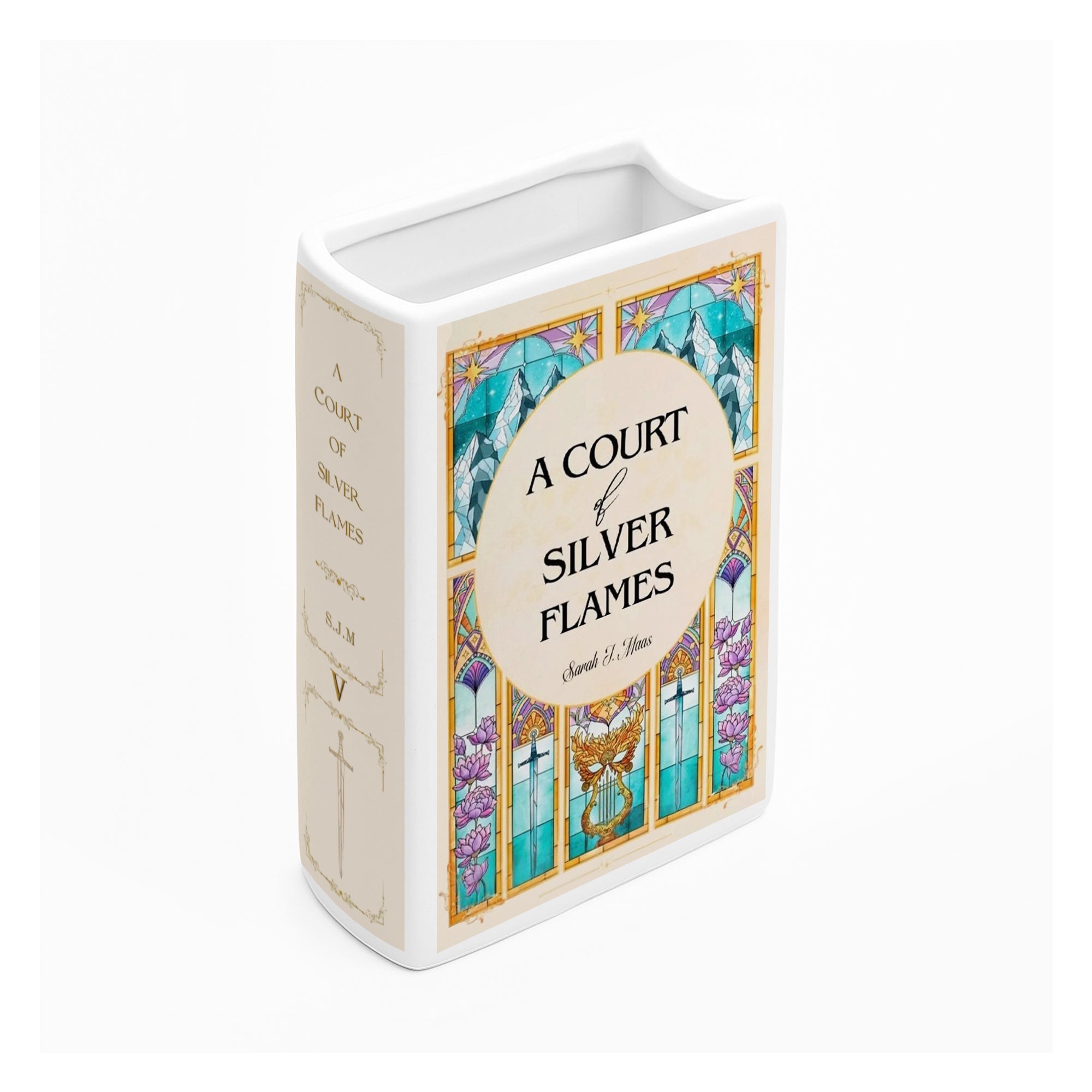 A Court of Silver Flames Ceramic Book Vase, ACOTAR Fantasy Decor, Book Lover Gift, Bookish Stained Glass Vase for Home Library CVVLR37