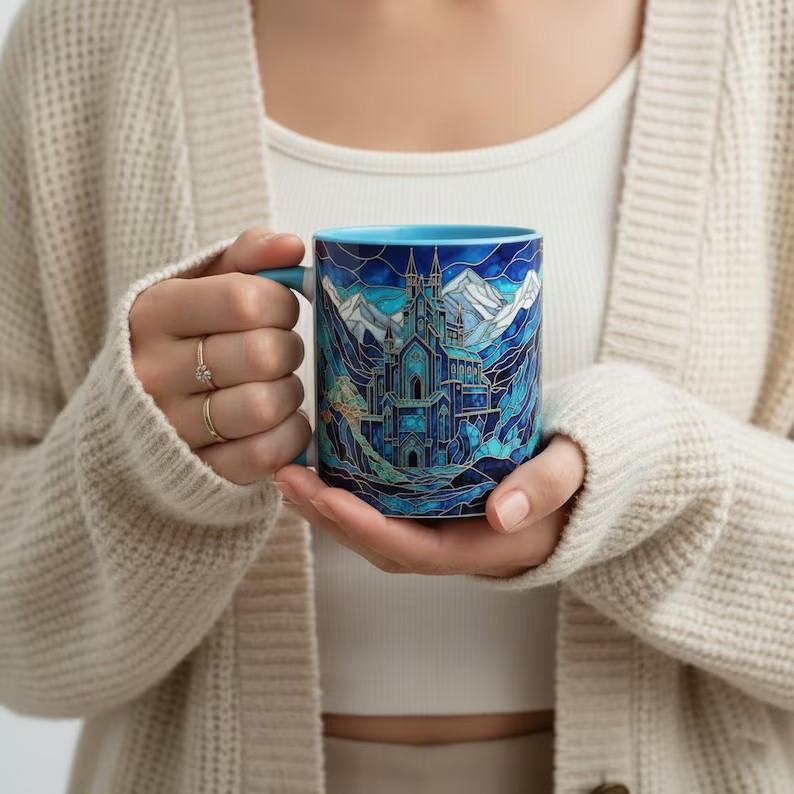 Fantasy Mountain City Coffee Mug, City of Starlight Castle Stained Glass Style Mug, Night Court Inspired Art Cup, Bookish Celestial Tea Mug