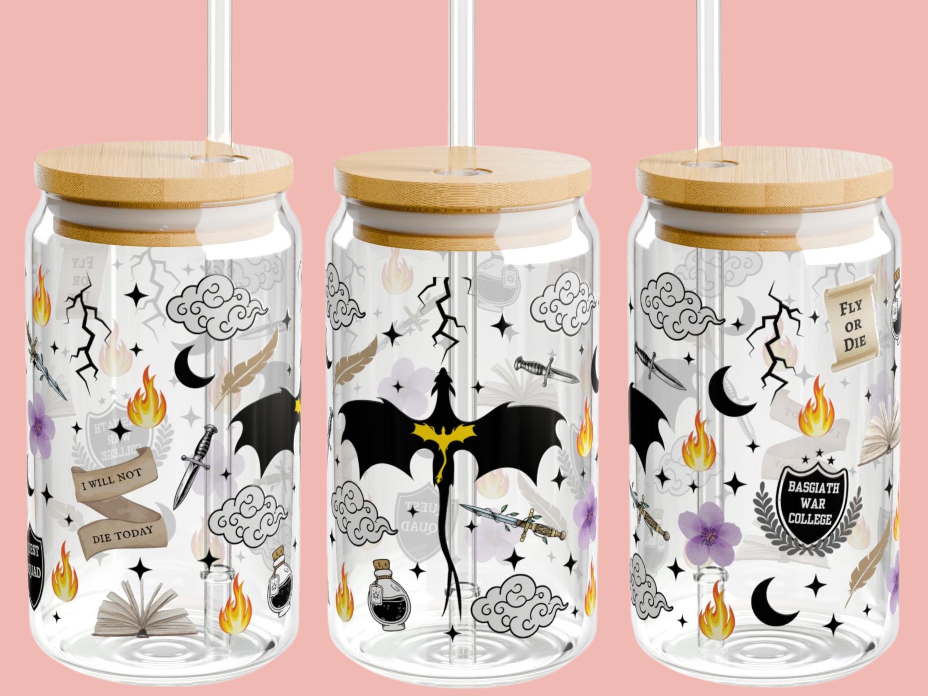 Fourth Wing glass cup, Fourth Wing merch, onyx storm, romantasy, bookish, glass tumbler, iced coffee cup, bookish gift GLVLR09