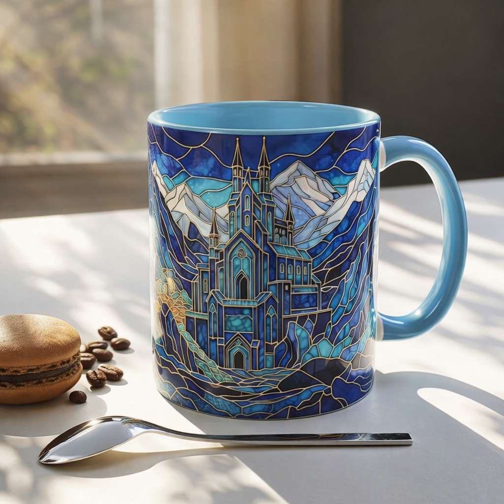 Fantasy Mountain City Coffee Mug, City of Starlight Castle Stained Glass Style Mug, Night Court Inspired Art Cup, Bookish Celestial Tea Mug