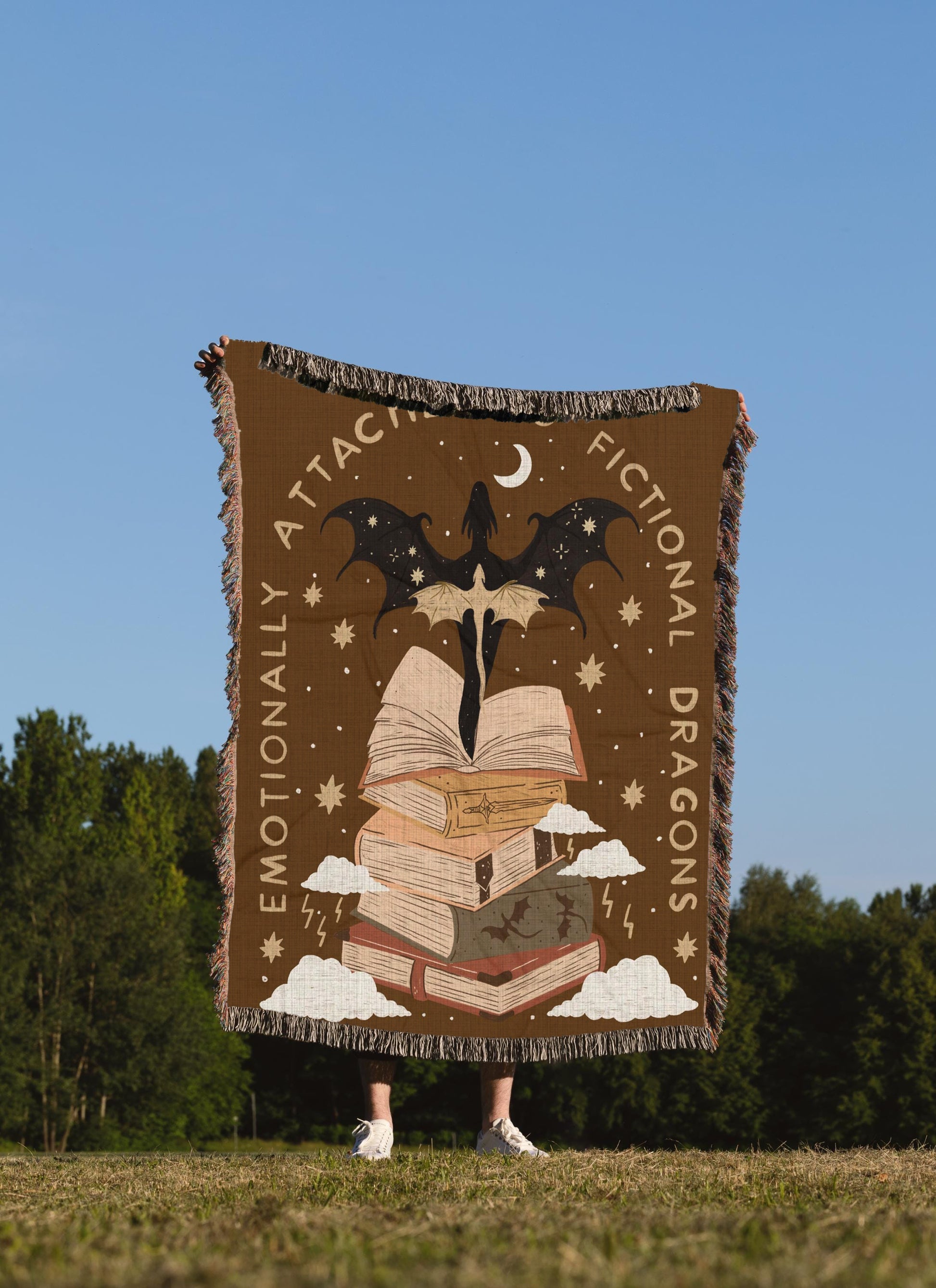 Emotionally Attached to Fictional Dragons Woven Blanket, Fourth Wing Inspired with Raging Dragon, Magical Creature Home Decor BKVLR08