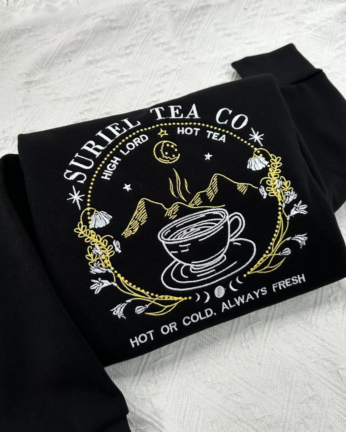 Suriel Tea Co Embroidered Sweatshirt, ACOTAR Bookish Crewneck, High Lord Hot Tea Shirt, Fantasy Cozy Gift for Readers and Fans VEMB50
