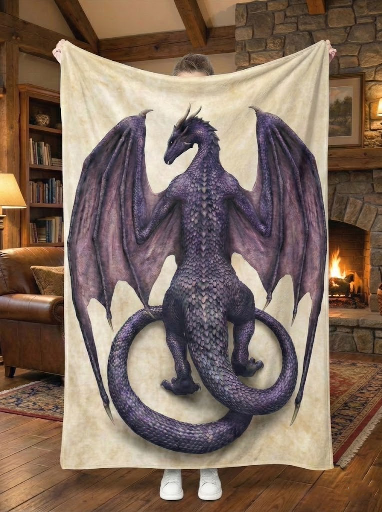 Amethyst Purple Dragon Blanket, Majestic Winged Dragon Artwork, Mythical Dragon Fantasy Blanket, Cozy Fleece Sherpa Blanket, Gift for Fantasy and Dragon Lovers BLK09