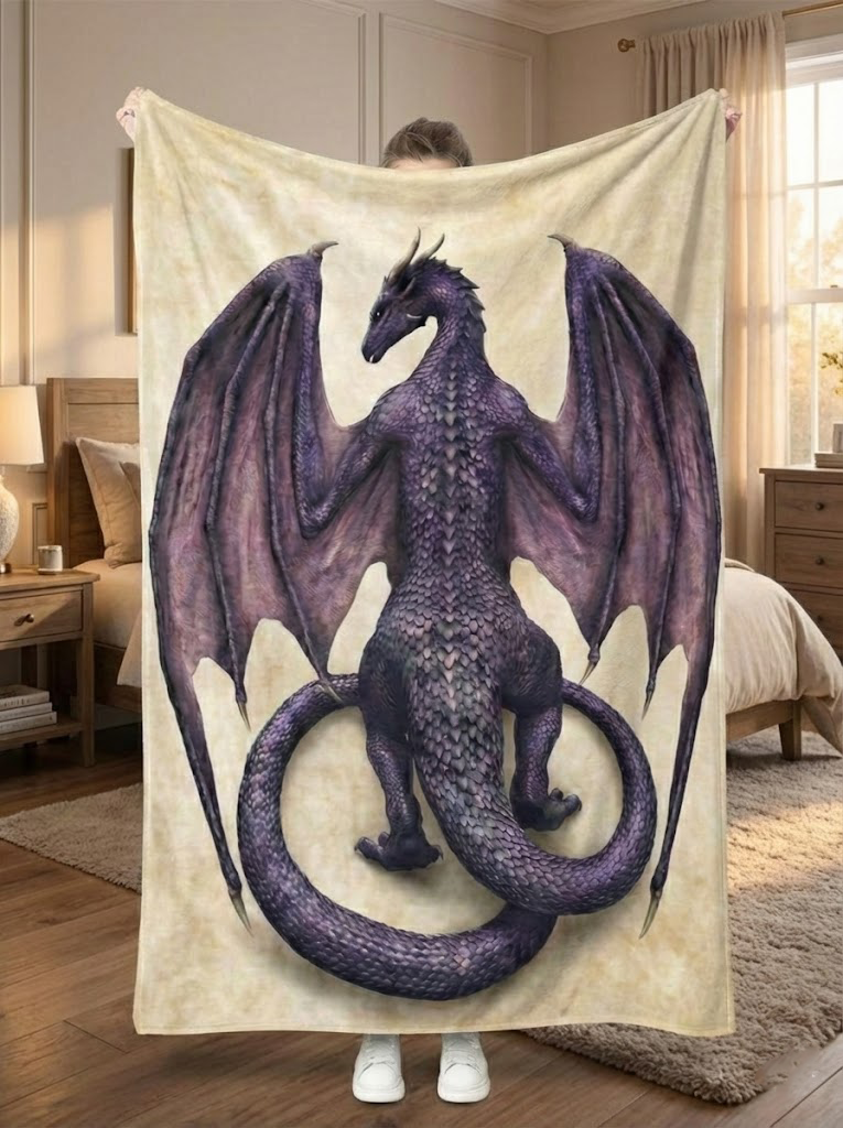Amethyst Purple Dragon Blanket, Majestic Winged Dragon Artwork, Mythical Dragon Fantasy Blanket, Cozy Fleece Sherpa Blanket, Gift for Fantasy and Dragon Lovers BLK09