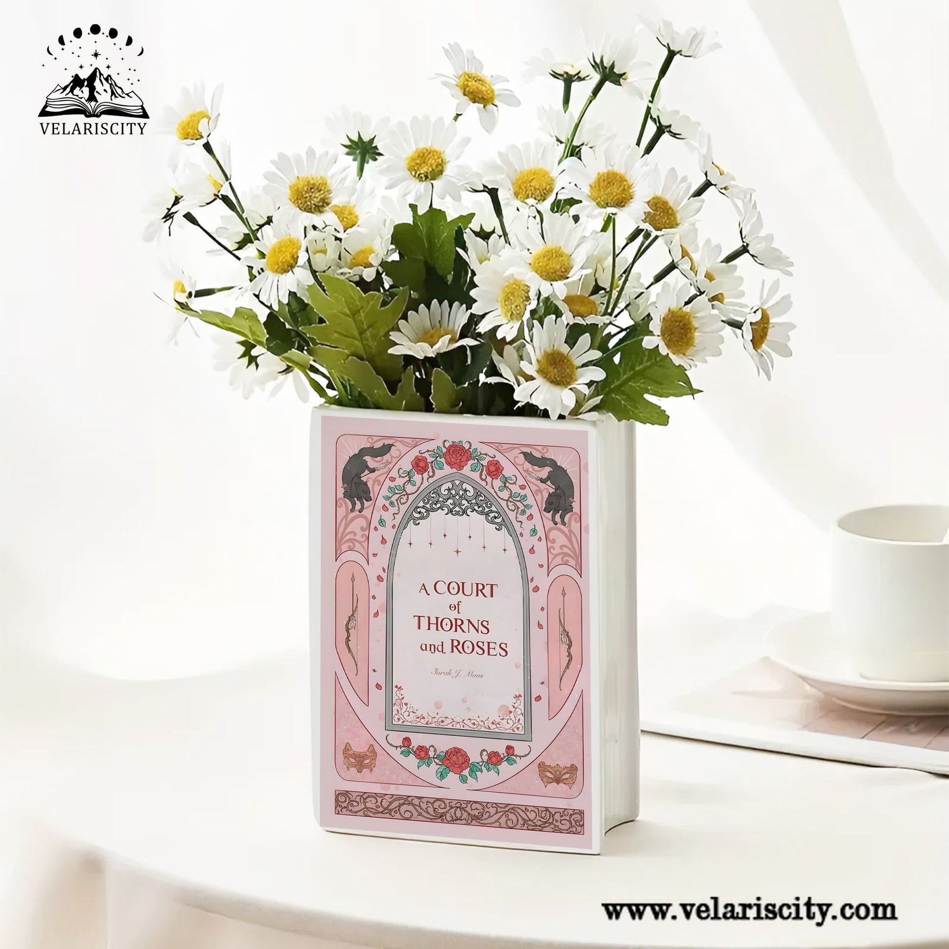 A Court of Thorns and Roses Ceramic Book Vase, Romantic Fantasy Decor, Vintage Rose Aesthetic Gift for ACOTAR Book Lovers CVVRL09