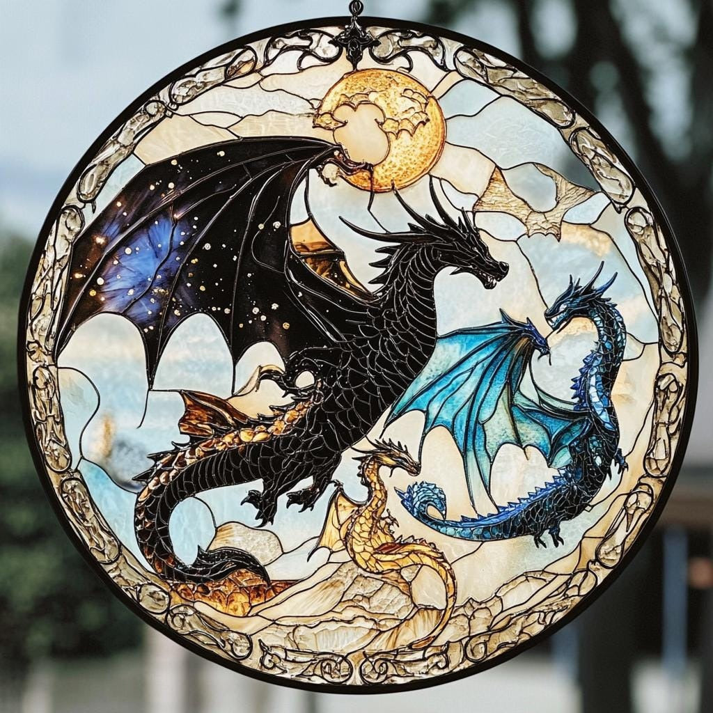 Fourth Wing Dragon Suncatcher Ornament, Tairn & Andarna Ornament for Readers, Book Lover Gift, Holiday Ornament, Onyx Storm Stained Glass SGVLR08