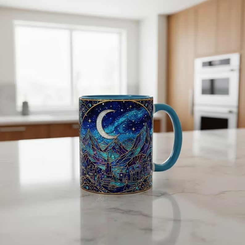 City of Starlight Stained Glass Style Mug, Velaris Night Court Coffee Mug, ACOTAR Mug,Moonlit Fantasy City Art Cup,Bookish Celestial Tea Mug