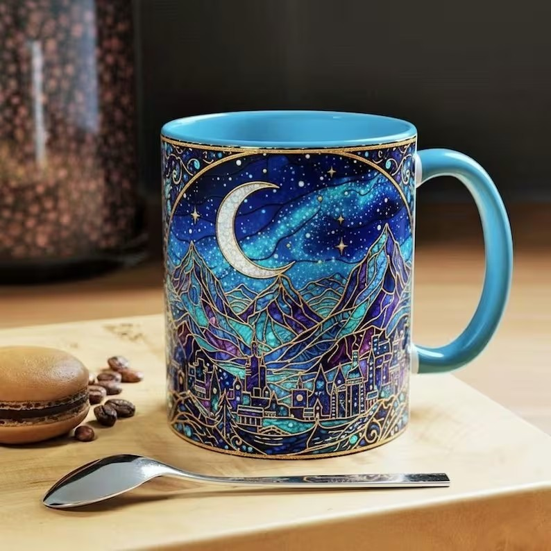 City of Starlight Stained Glass Style Mug, Velaris Night Court Coffee Mug, ACOTAR Mug,Moonlit Fantasy City Art Cup,Bookish Celestial Tea Mug