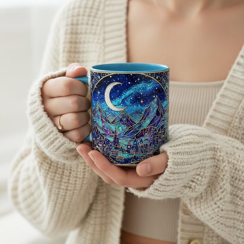City of Starlight Stained Glass Style Mug, Velaris Night Court Coffee Mug, ACOTAR Mug,Moonlit Fantasy City Art Cup,Bookish Celestial Tea Mug
