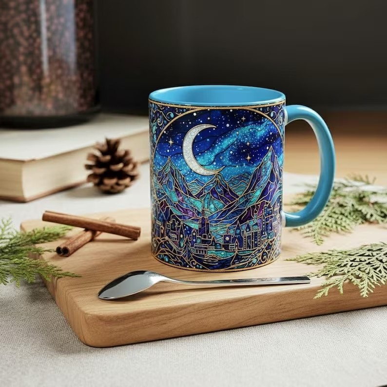 City of Starlight Stained Glass Style Mug, Velaris Night Court Coffee Mug, ACOTAR Mug,Moonlit Fantasy City Art Cup,Bookish Celestial Tea Mug