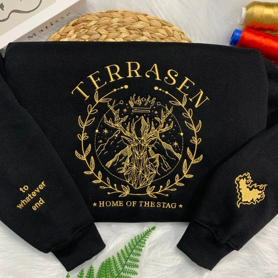 Embroidered Terrasen Sweatshirt, Fireheart Embroidery, To Whatever End Embroidery, Throne of Glass Sweatshirt, VEMB06