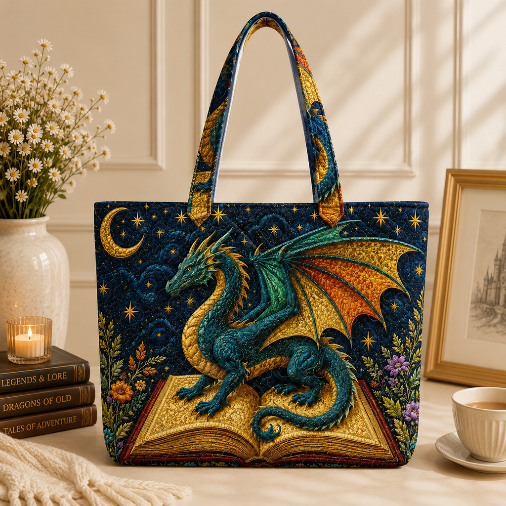 Celestial Dragon Personalized Quilted Tote Bag, Fantasy Book Lover Tote, Moon and Stars Shoulder Bag, Magical Dragon Gift Bag QTBVLR9