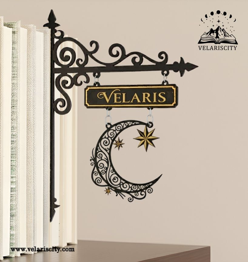 Velaris Book Tavern Sign, ACOTAR Night Court Moon and Stars Wooden Book Tracker, Fantasy Wall Decor, Bookish Gift for Readers BSVLR29