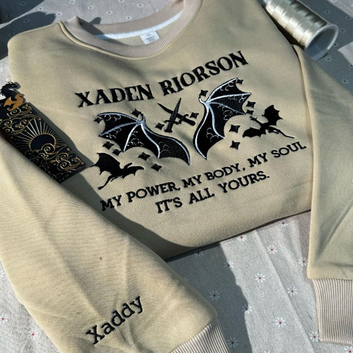 Xaden Riorson Embroidered Sweatshirt, Fourth Wing Fan Gift, “My Power My Body My Soul” Quote Shirt, Romantic Fantasy Book Merch VEMB48