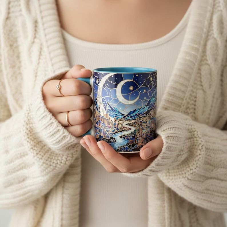 Velaris City Stained Glass Style Mug, The Night Court ACOTAR Coffee Mug, Starry Moon Fantasy City Art Tea Cup, Fantasy Reader Mug