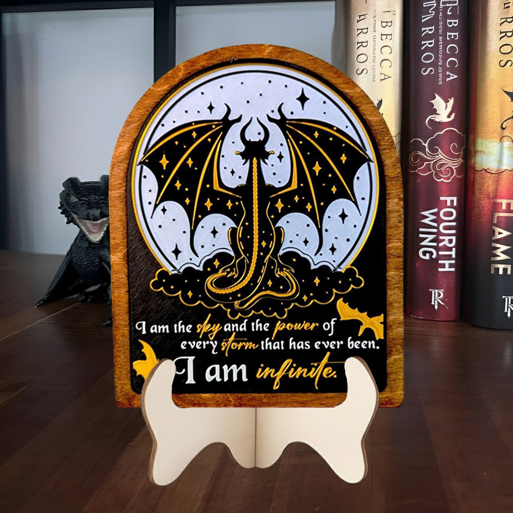 I am Infinite Fourth Wing Bookshelf Sign Wooden Shelf Sitter with Stand Bookish Decor for Xaden, Violet, Tairn and Andarna Lovers