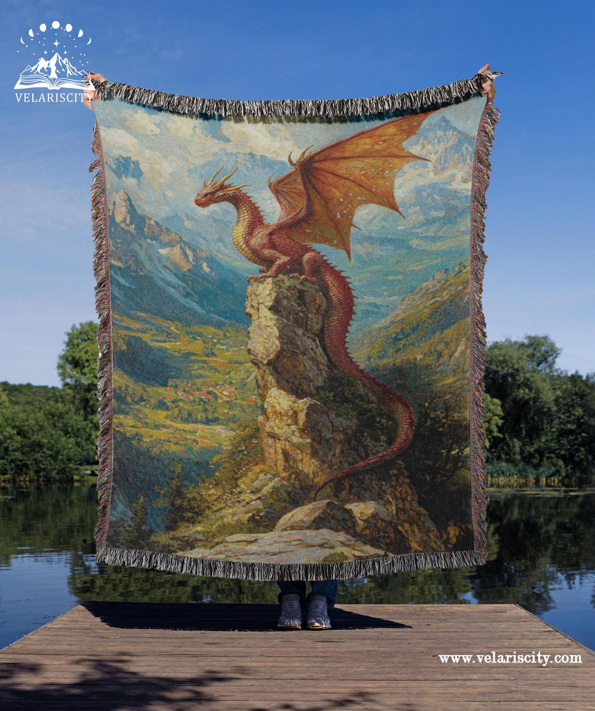 Fourth Wing Andarma Woven Blanket, Dragon Landscape Throw, Trippy Fantasy Mandala Tapestry, Cosmic Festival Blanket for Dragon Lovers BKVLR26