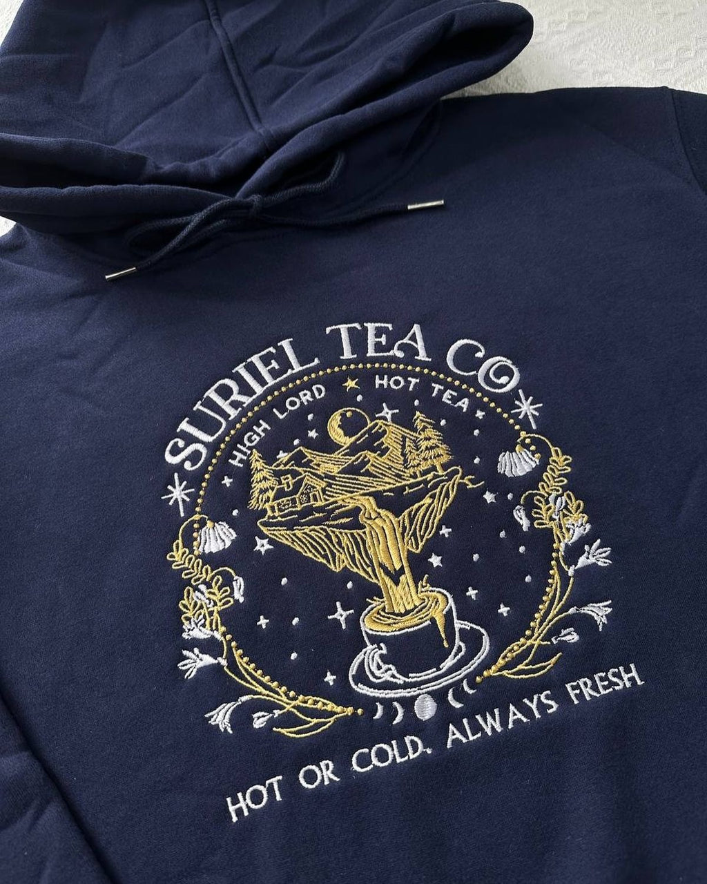 Suriel Tea Co Hoodie, ACOTAR Embroidered Pullover, High Lord Hot Tea Design, Fantasy Bookish Gift, Cozy Reader Hoodie VEMB51