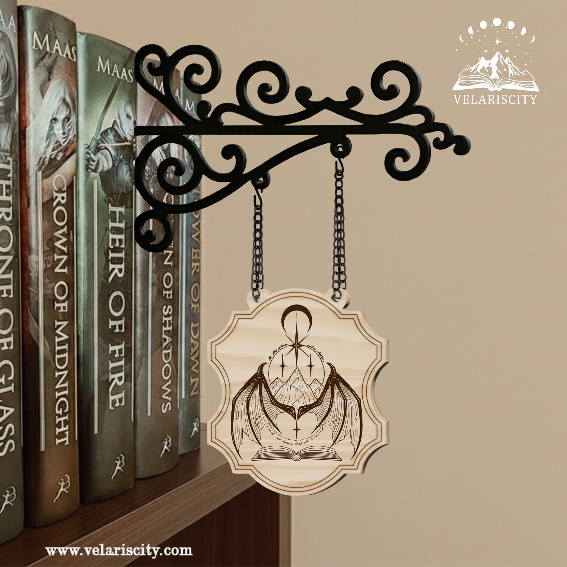 Velaris Book Tavern Signs, Night Court Moon and Wings Design, ACOTAR Wooden Shelf Sign, Home Library Decor, Book Gift BSVLR10