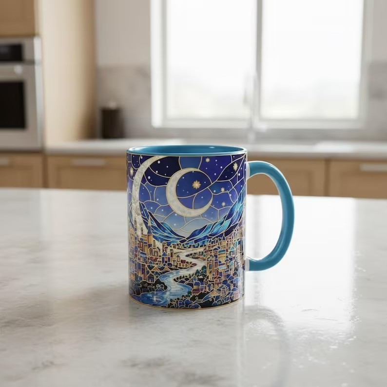 Velaris City Stained Glass Style Mug, The Night Court ACOTAR Coffee Mug, Starry Moon Fantasy City Art Tea Cup, Fantasy Reader Mug