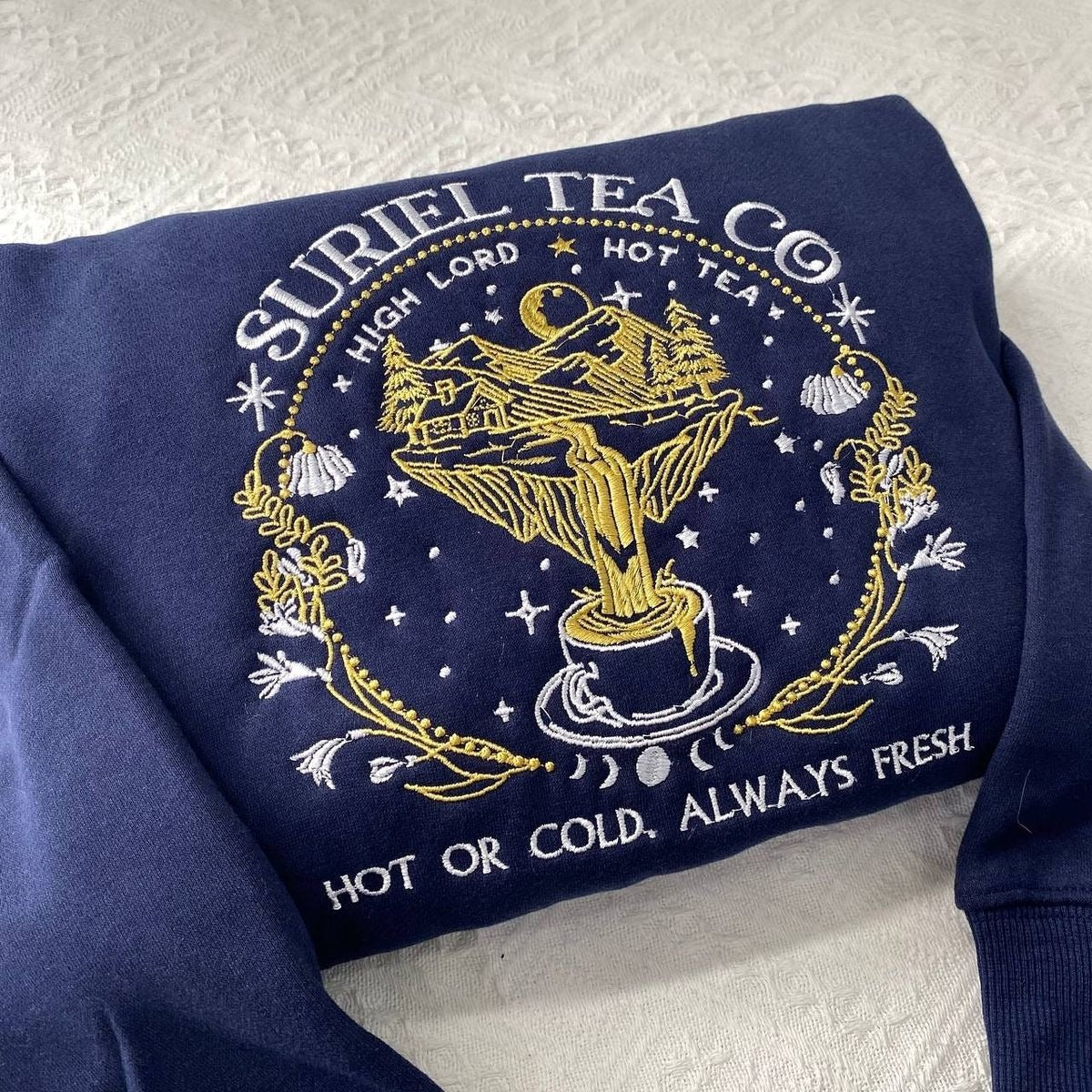 Suriel Tea Co Hoodie, ACOTAR Embroidered Pullover, High Lord Hot Tea Design, Fantasy Bookish Gift, Cozy Reader Hoodie VEMB51
