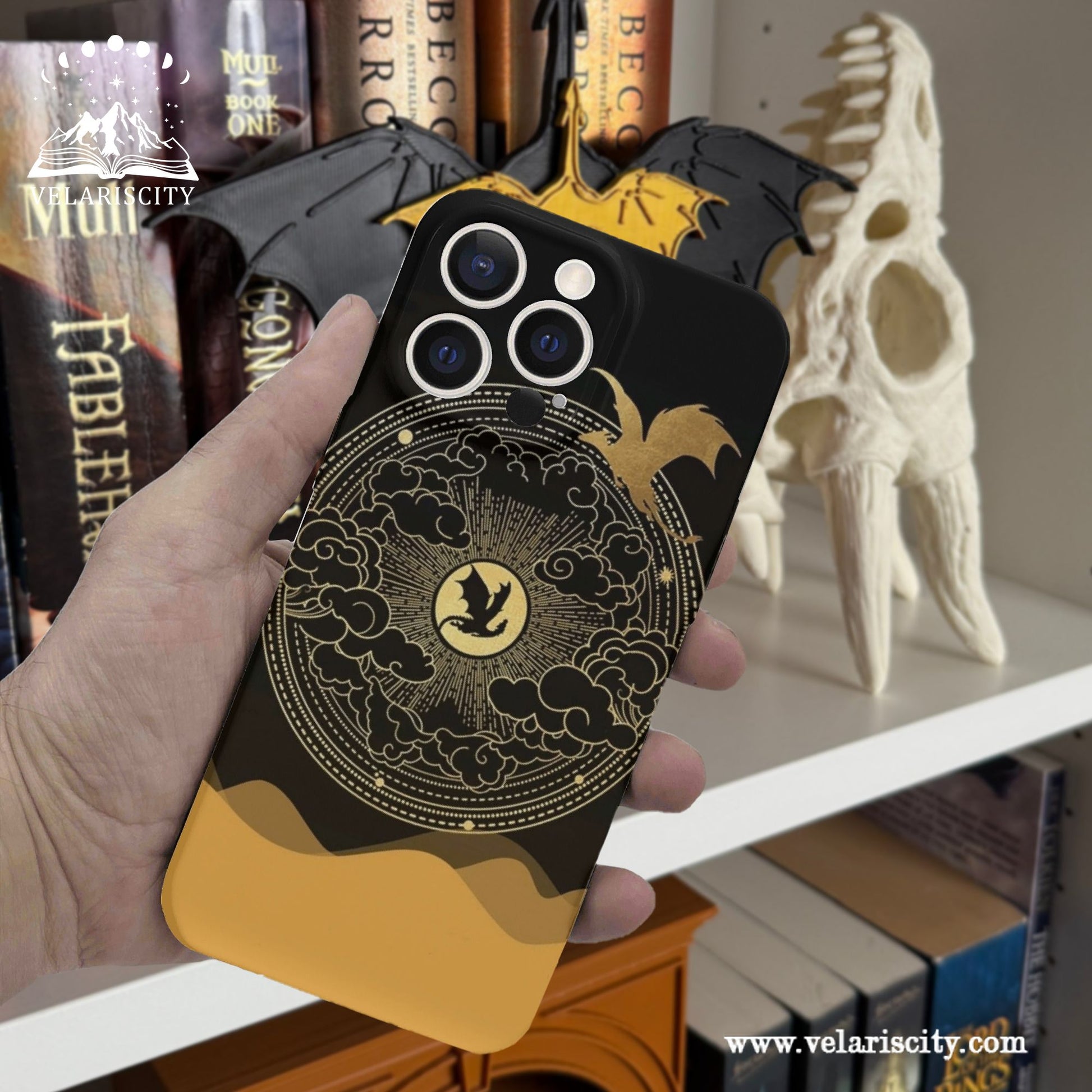 Golden Dragon Phone Case, Celestial Fantasy Design, Fourth Wing Inspired iPhone Cover, Magical Bookish Gift for Fantasy Lovers PCVLR73