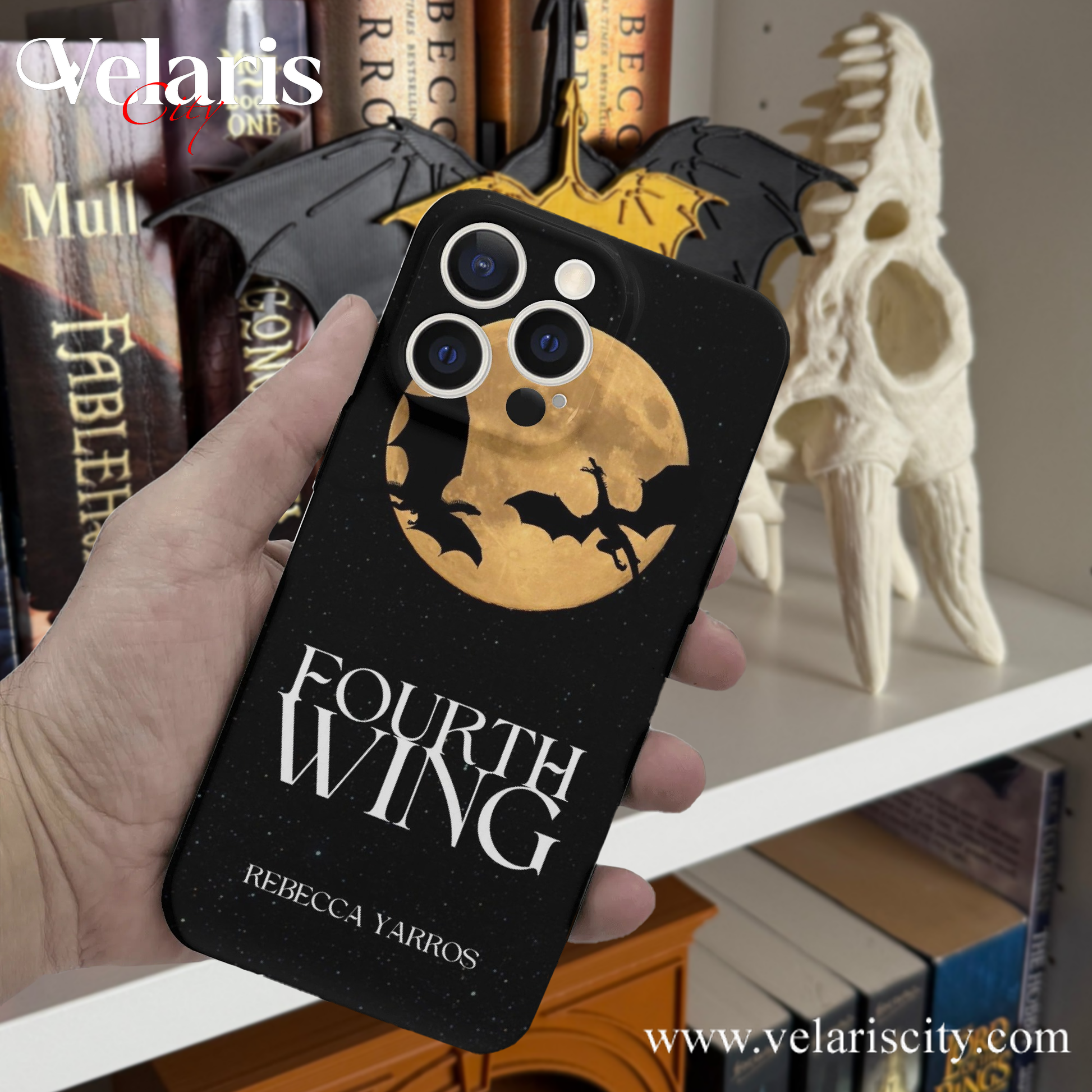 Fourth Wing Phone Case, Dragon Silhouette Moon Design, Rebecca Yarros Book iPhone Cover for Fantasy Book Lovers PCVLR71