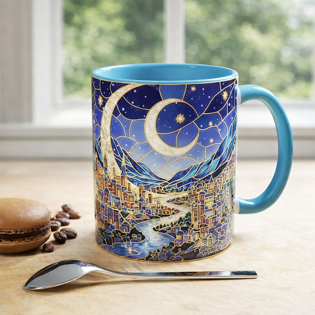 Velaris City Stained Glass Style Mug, The Night Court ACOTAR Coffee Mug, Starry Moon Fantasy City Art Tea Cup, Fantasy Reader Mug