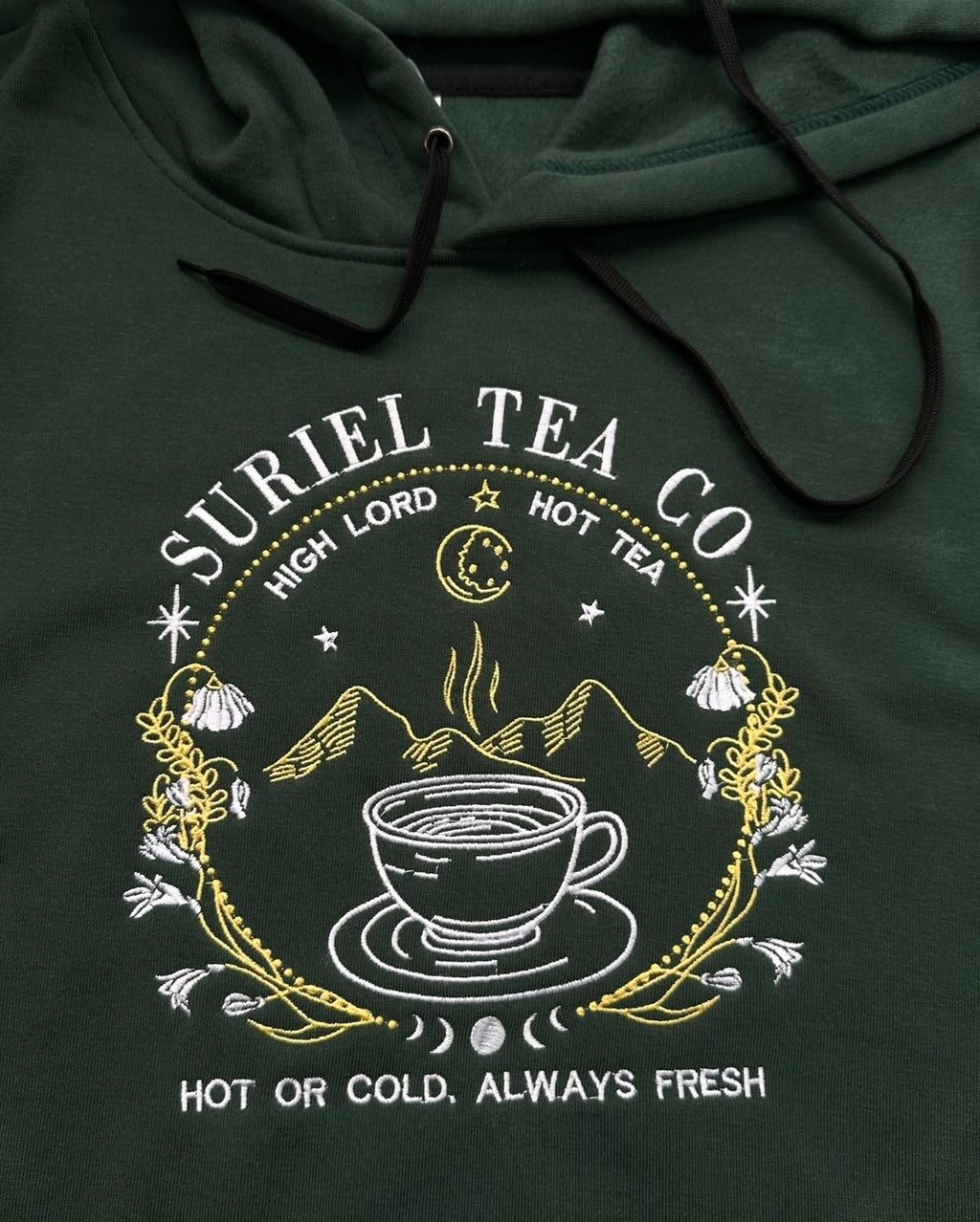 Suriel Tea Co Embroidered Sweatshirt, ACOTAR Bookish Crewneck, High Lord Hot Tea Shirt, Fantasy Cozy Gift for Readers and Fans VEMB50