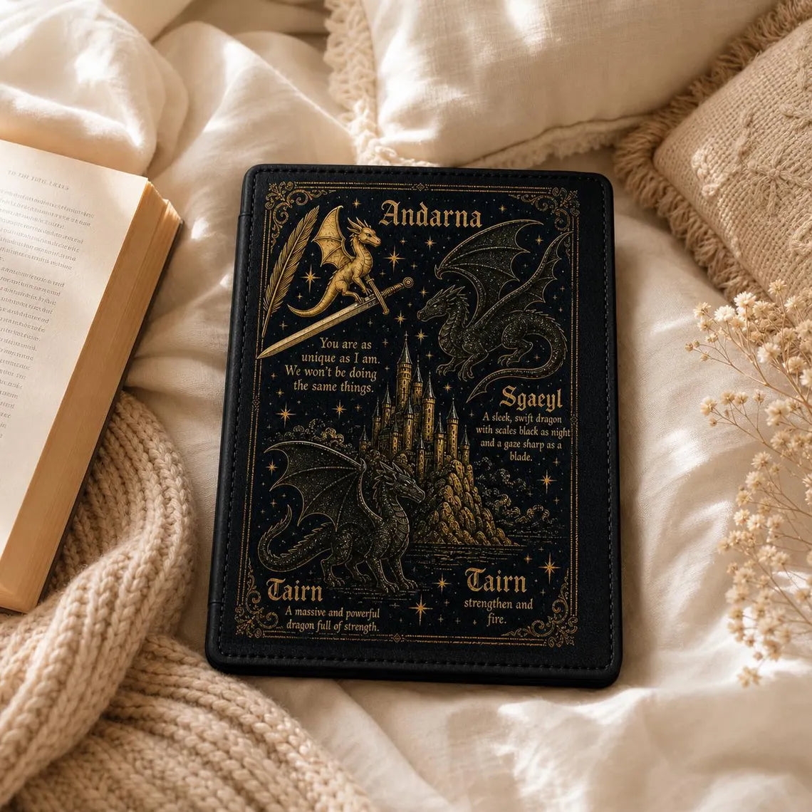 Fourth Wing Kindle Case, Dragon Book Lover Gift, Fantasy Book Sleeve, Black Gold Dragon Cover, Fourth Wing Inspired Reader Gift	KCVLR09