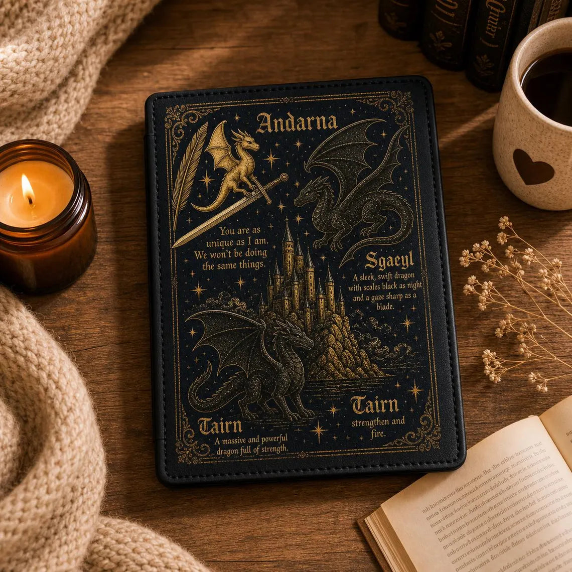 Fourth Wing Kindle Case, Dragon Book Lover Gift, Fantasy Book Sleeve, Black Gold Dragon Cover, Fourth Wing Inspired Reader Gift	KCVLR09
