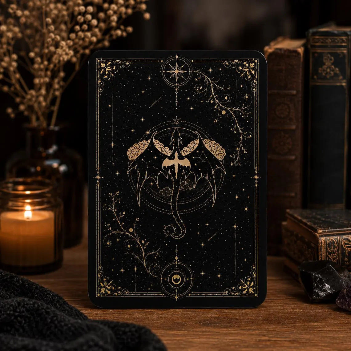 Fourth Wing Dragon Kindle Case, Celestial Fantasy Bookish Cover, Black Gold Gothic Kindle Sleeve, Gift for Fantasy Readers 	KCVLR18