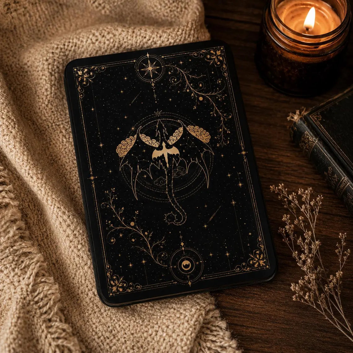Fourth Wing Dragon Kindle Case, Celestial Fantasy Bookish Cover, Black Gold Gothic Kindle Sleeve, Gift for Fantasy Readers 	KCVLR18