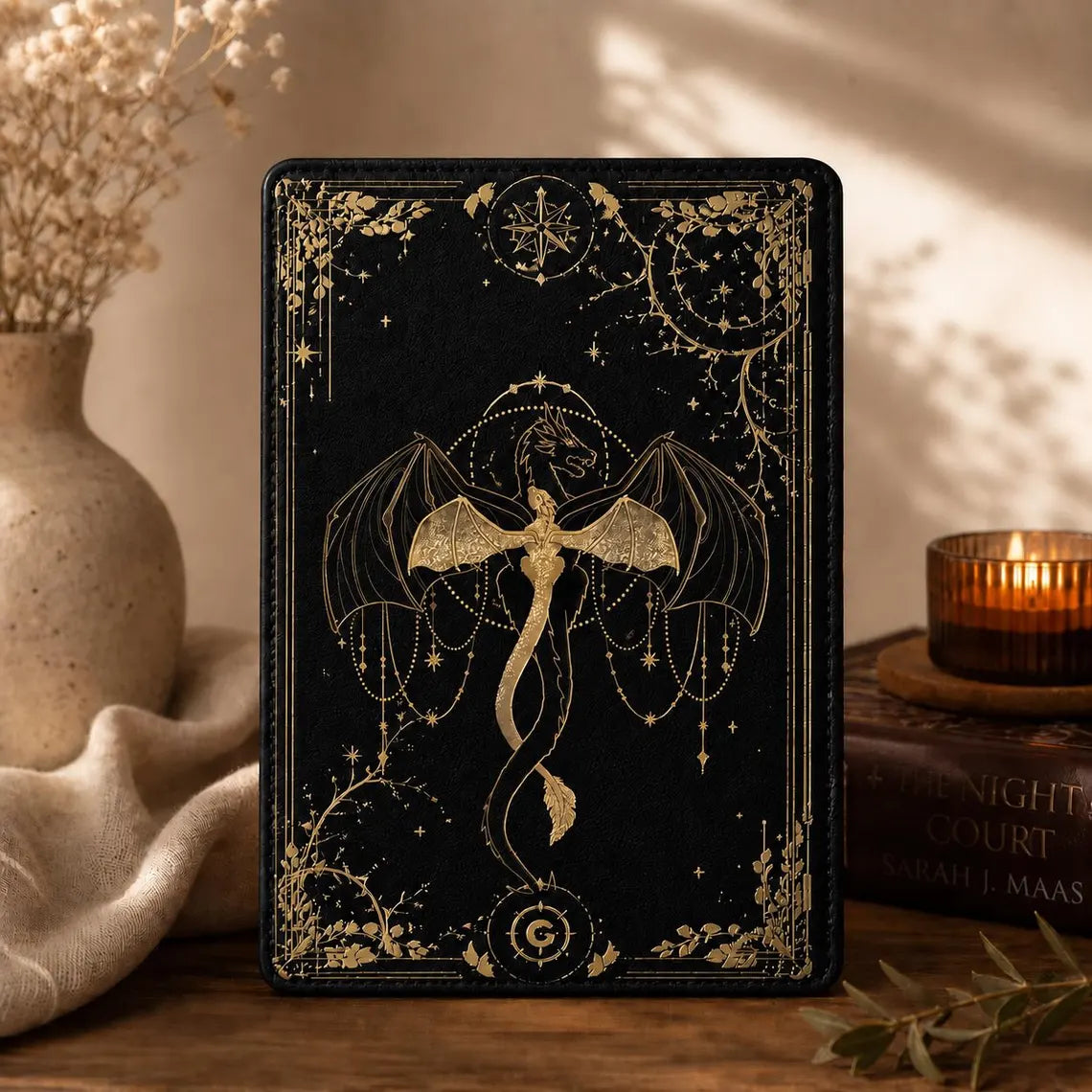Fourth Wing Dragon Kindle Case, Black Gold Celestial E-reader Cover for Paperwhite 6'' 6.8'' 7'', Kindle 10th 11th 12th Gen, Kobo Case 	KCVLR15