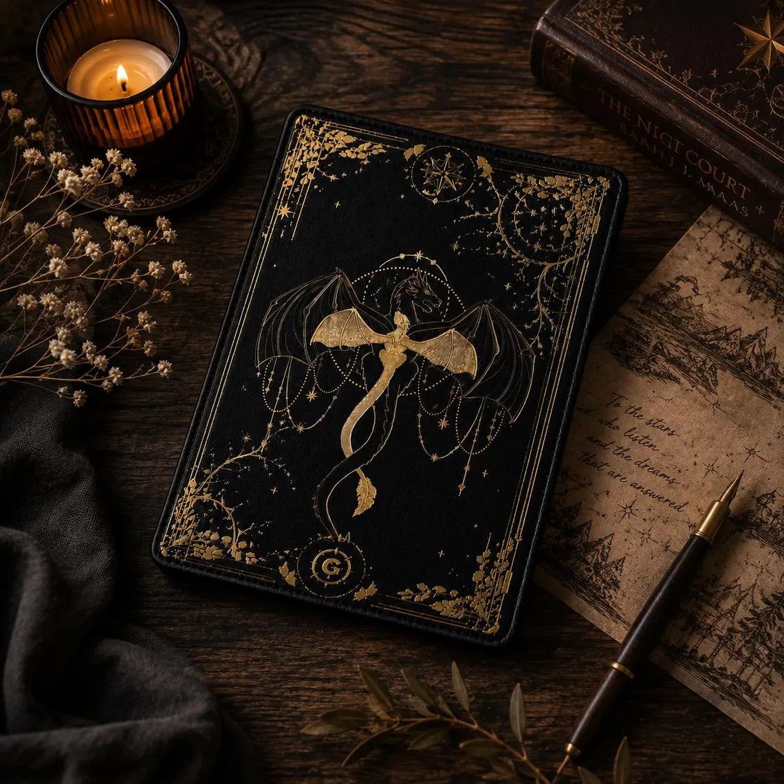 Fourth Wing Dragon Kindle Case, Black Gold Celestial E-reader Cover for Paperwhite 6'' 6.8'' 7'', Kindle 10th 11th 12th Gen, Kobo Case 	KCVLR15