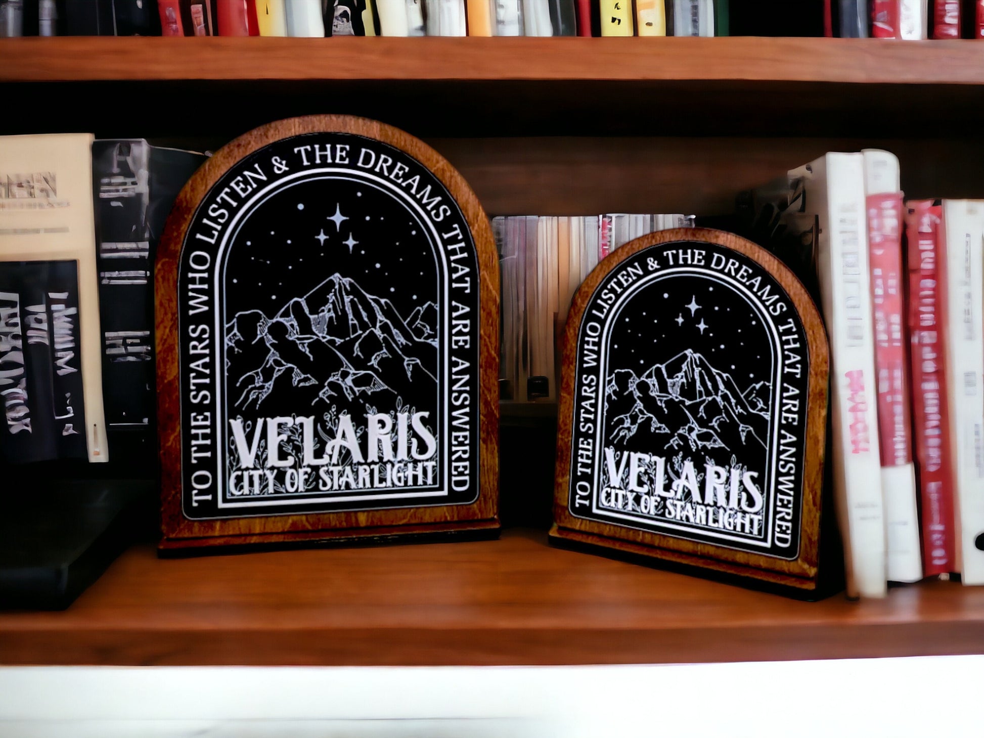 Velaris City of Starlight, Acotar Bookshelf Sign, Wooden Shelf Sitter with Stand, To The Stars Who Listen and the Dreams That Are Answered