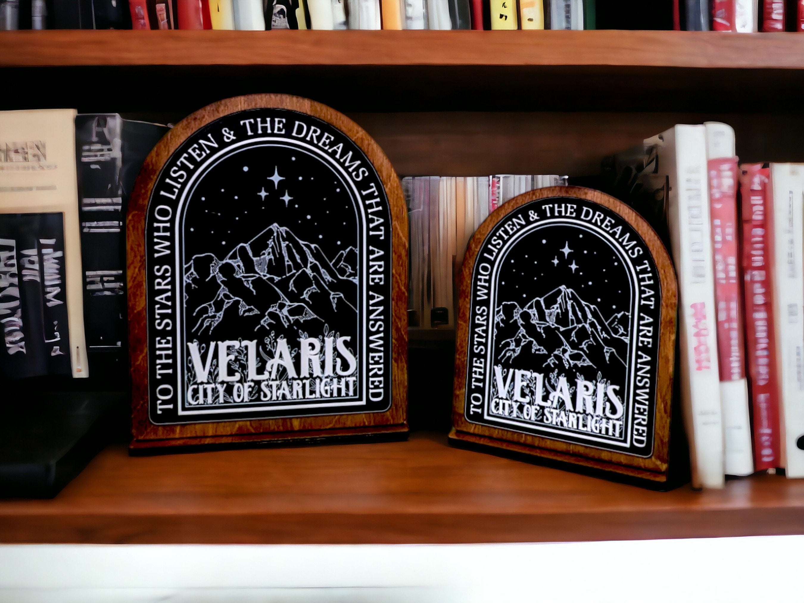 Velaris City of Starlight, Acotar Bookshelf Sign, Wooden Shelf Sitter with Stand, To The Stars Who Listen and the Dreams That Are Answered