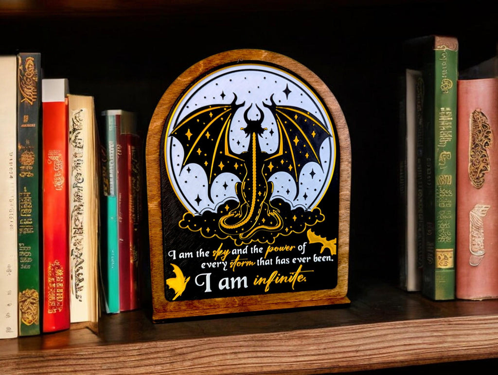 I am Infinite Fourth Wing Bookshelf Sign Wooden Shelf Sitter with Stand Bookish Decor for Xaden, Violet, Tairn and Andarna Lovers