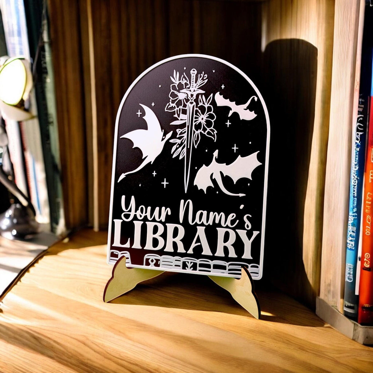 Fourth Wing Bookshelf Sign, Personalized Dragon Rider Decor, Custom Name Library Sign, Fantasy Bookish Shelf Display