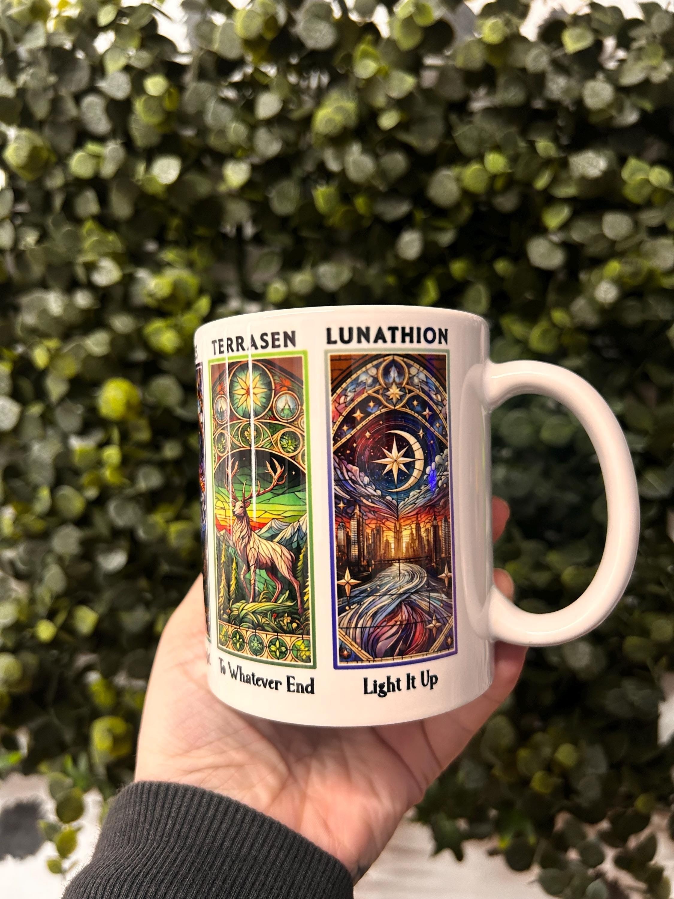 Throne Of Glas Mug, Terrasen Lunathion Fantasy Mug, To Whatever End Light It Up Cup, Bookish Gift for SJM Fans, Crescent City Throne of Glass Mug MGVLR53