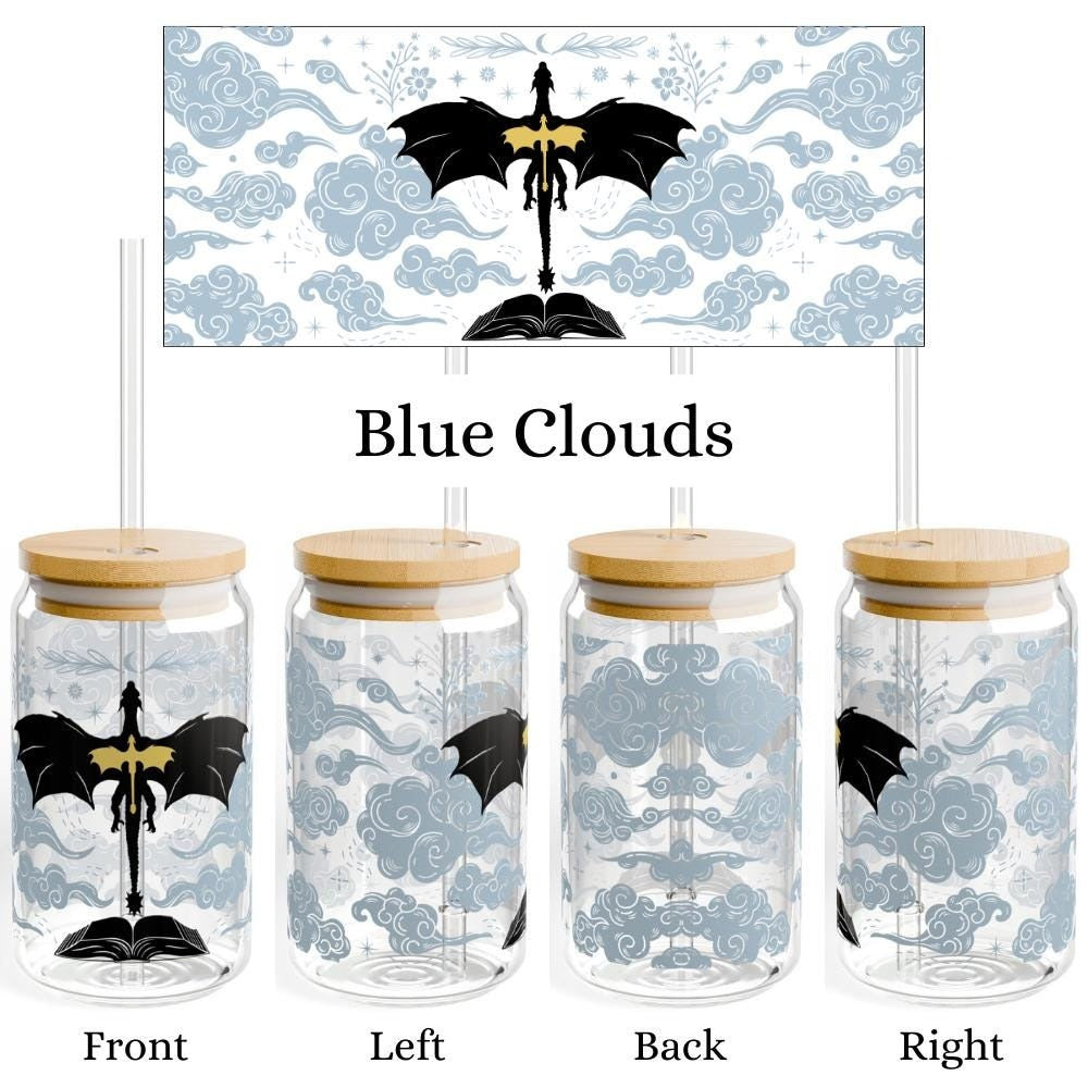 Fourth Wing Glass Can Cup, Dragon & Book Design Iced Coffee Tumbler with Bamboo Lid & Glass Straw, Fantasy Bookish Gift GLVLR17