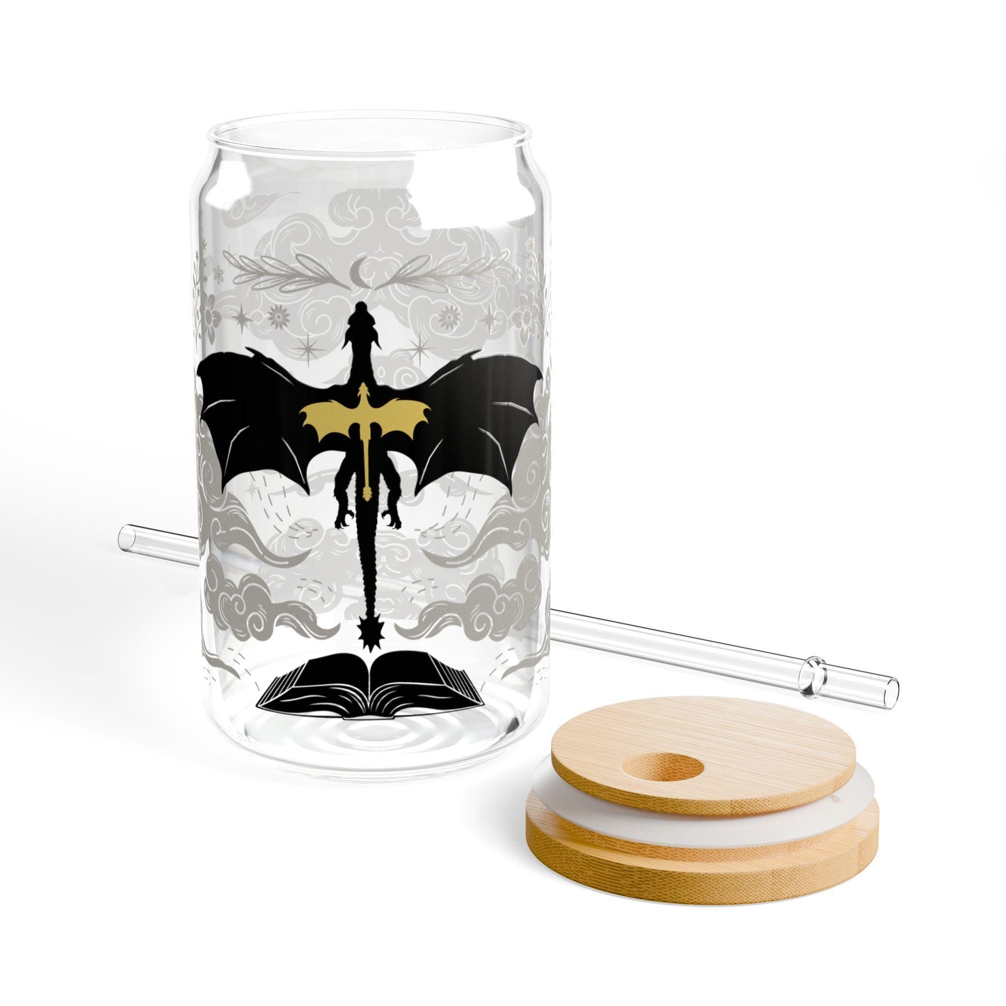 Fourth Wing Glass Can Cup, Dragon & Book Design Iced Coffee Tumbler with Bamboo Lid & Glass Straw, Fantasy Bookish Gift GLVLR17