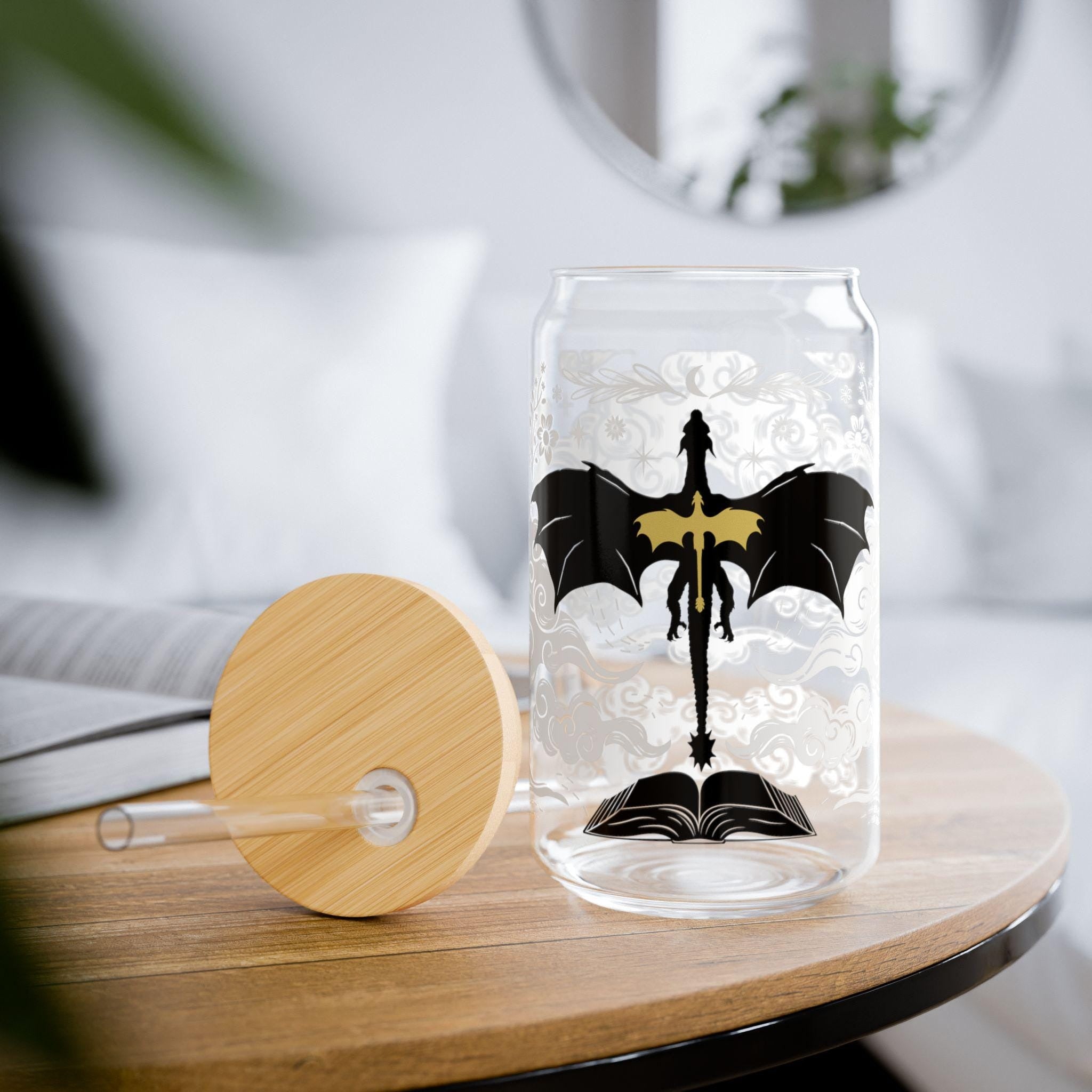 Fourth Wing Glass Can Cup, Dragon & Book Design Iced Coffee Tumbler with Bamboo Lid & Glass Straw, Fantasy Bookish Gift GLVLR17