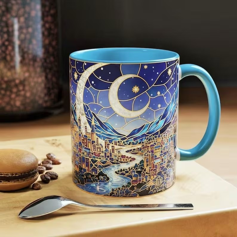 Velaris City Stained Glass Style Mug, The Night Court ACOTAR Coffee Mug, Starry Moon Fantasy City Art Tea Cup, Fantasy Reader Mug